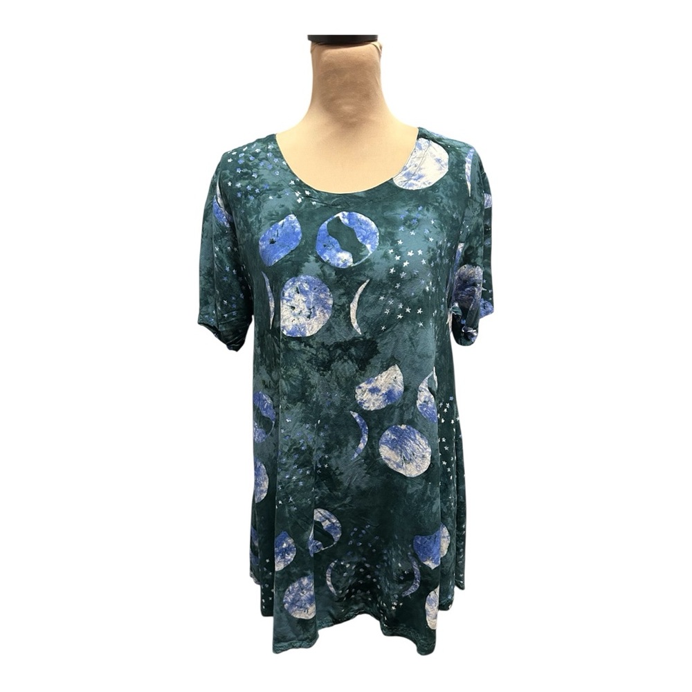 Rey Wear Vintage Mini Dress Celestial Moon Stars Green Blue OS Keyhole Back Neck